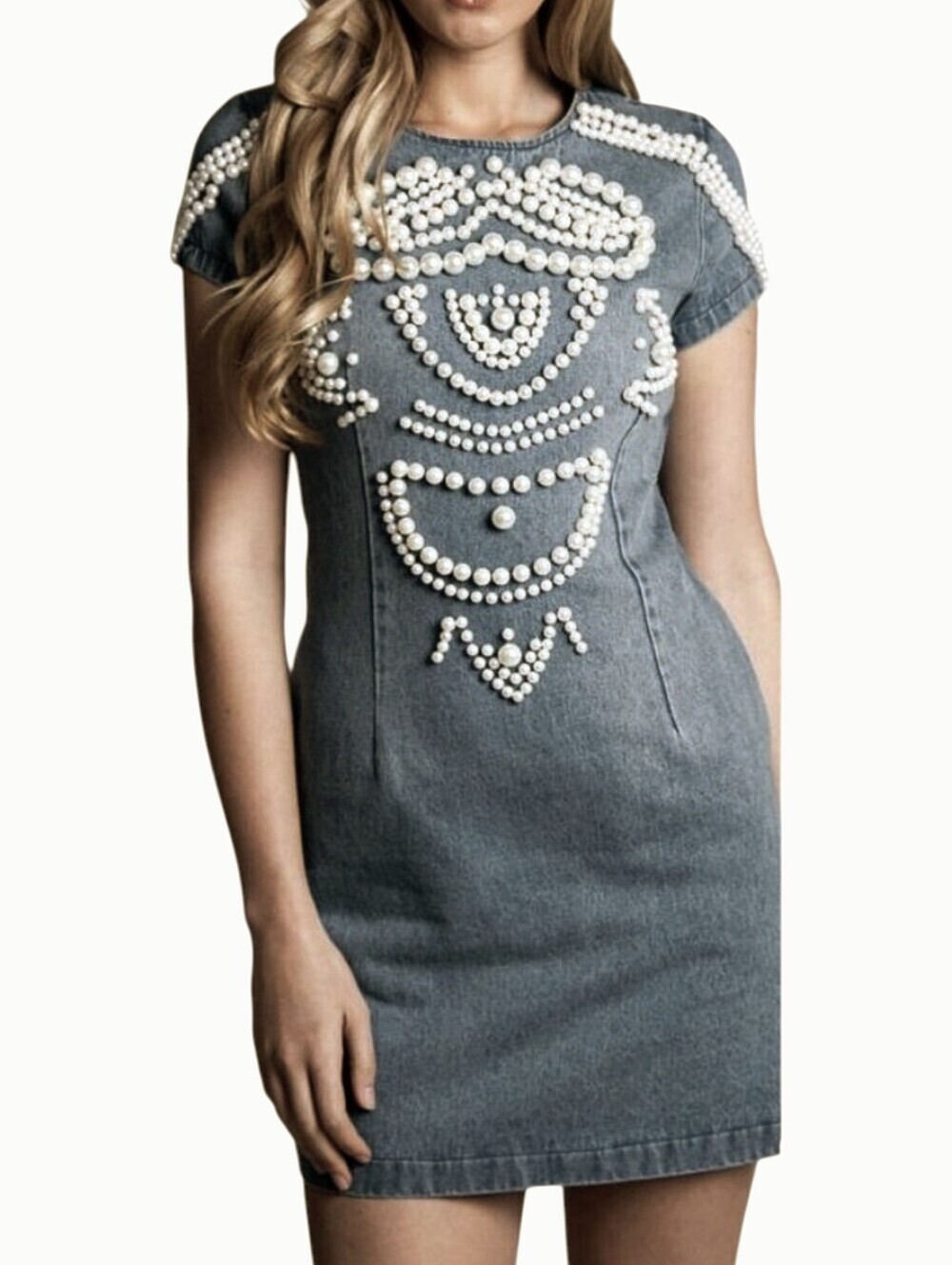 L'ATISTE Blue Denim Mini Dress with Pearl Embellishment